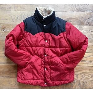 Vintage Western Kids 6/7 Puffer Jacket Red Black Sherpa Zip Off Sleeve Vest 130